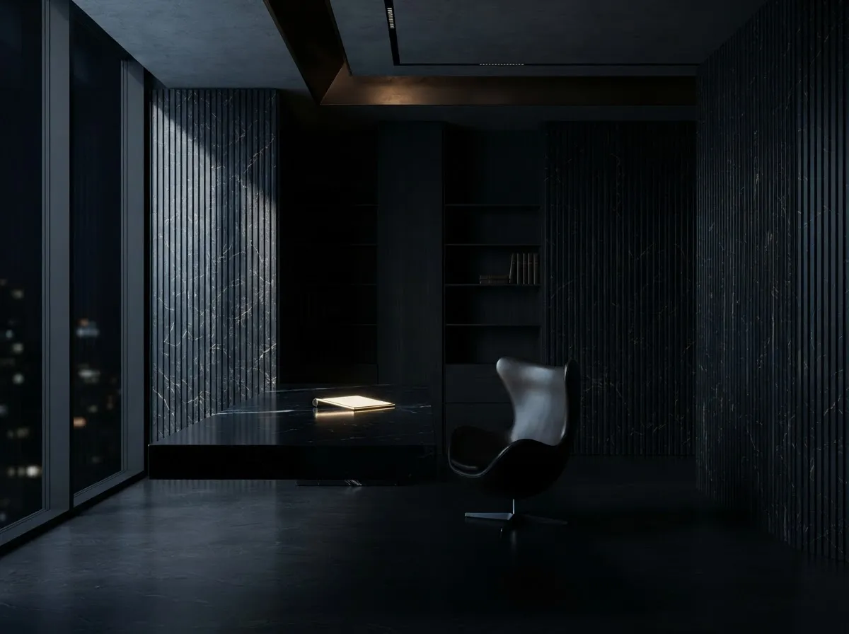 Private executive command office with dark fluted marble and obsidian desk